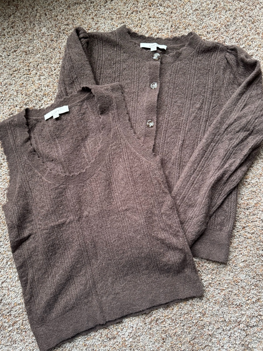 LOFT brown pointelle sweater set, medium